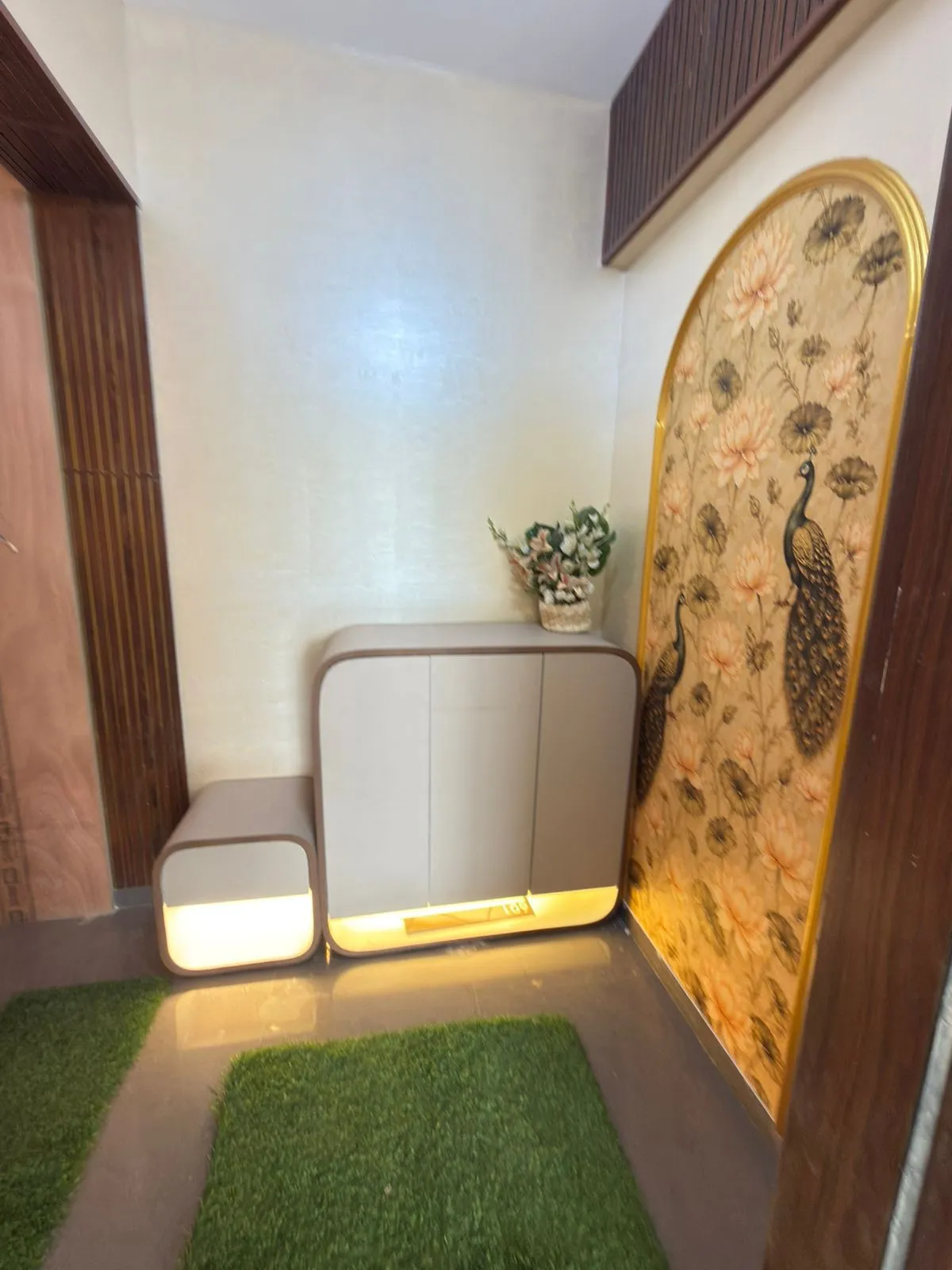 Pooja feature wall and low storage at our Wakad residence project