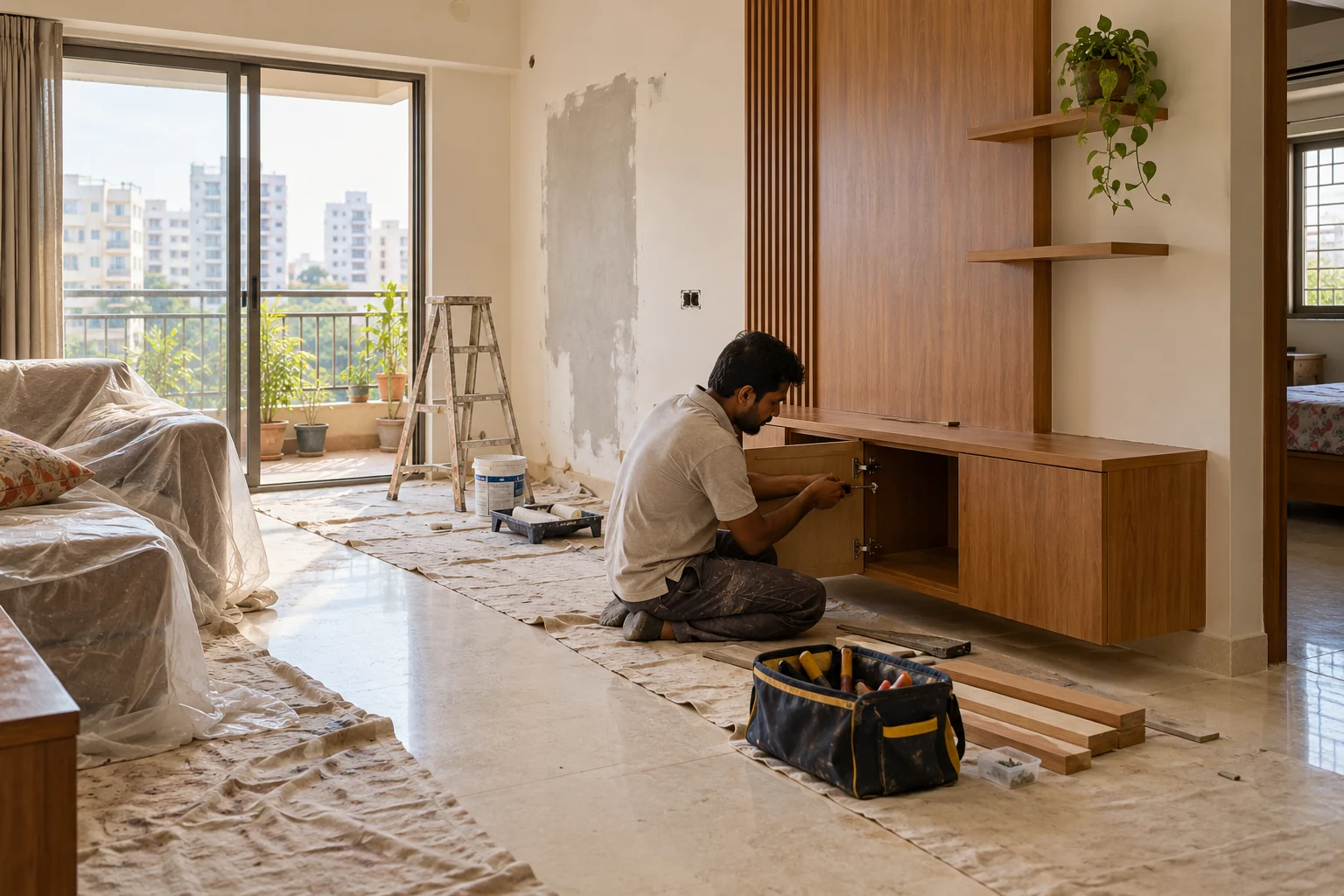Illustrative Indian apartment renovation with a carpenter fitting a wood cabinet