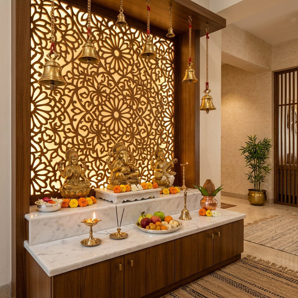 Intricate Mandir Pooja Room Interior Design by Aanganshobha